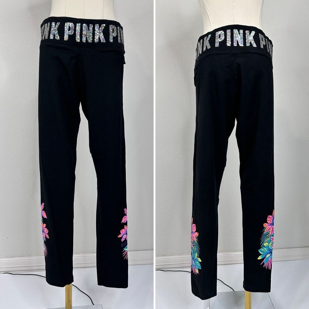 PINK Victoria’s Secret Tropical Floral Bling Yoga Leggings L Black Sequin Waist - Picture 7 of 16
